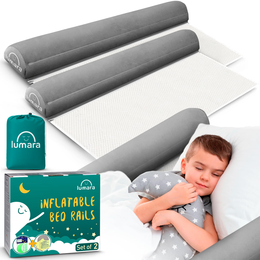 LUMARA inflatable bed rail two-pack setup showing quick inflation for travel convenience.