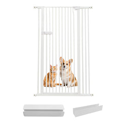 Lumizone extra tall cat gate in white, front view, helps keep curious cats contained.