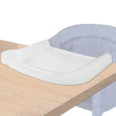 LuQiBabe clear plastic dining tray front view promoting mess-free meals on a clip-on high chair