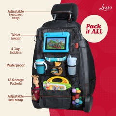 Lusso Gear backseat organizer tan close-up emphasizes reinforced corners and rugged durability.
