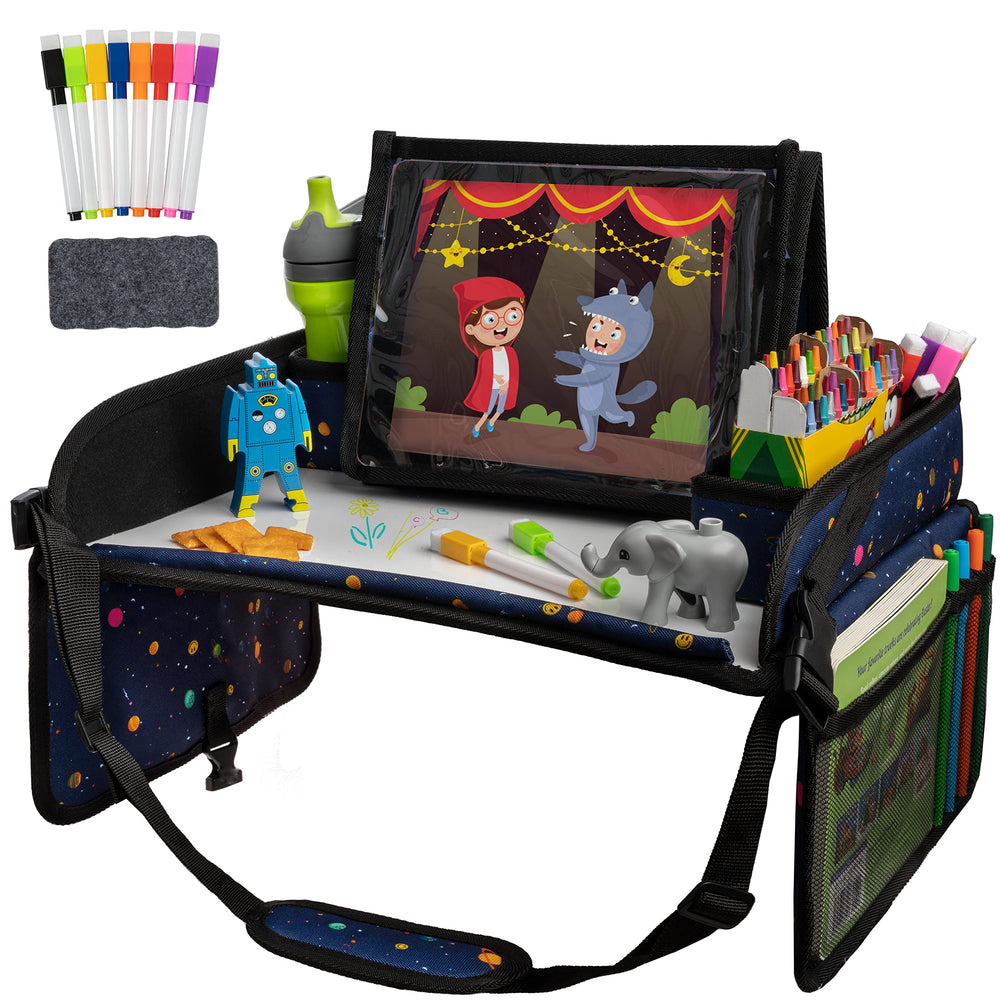 Lusso Gear car seat activity tray with dry-erase top for mess-free travel.