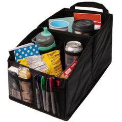 Lusso Gear car seat organizer front view with built-in cup holders for snacks on the go.