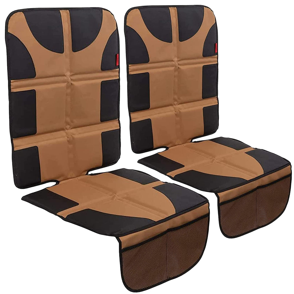 Lusso Gear car seat protector tan front view highlights thick padding for seat protection.