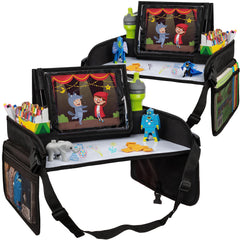 Lusso Gear Kids Lap Desk Tray open-flat creates a tidy travel workspace for car journeys.