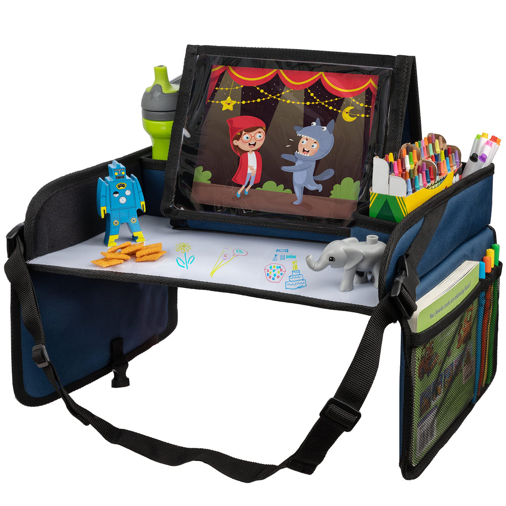 Lusso Gear Kids Travel Tray blue on a car seat keeps snacks organized during car rides.