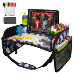 Lusso Gear Kids Travel Tray car-seat setup keeps snacks within reach during road trips.