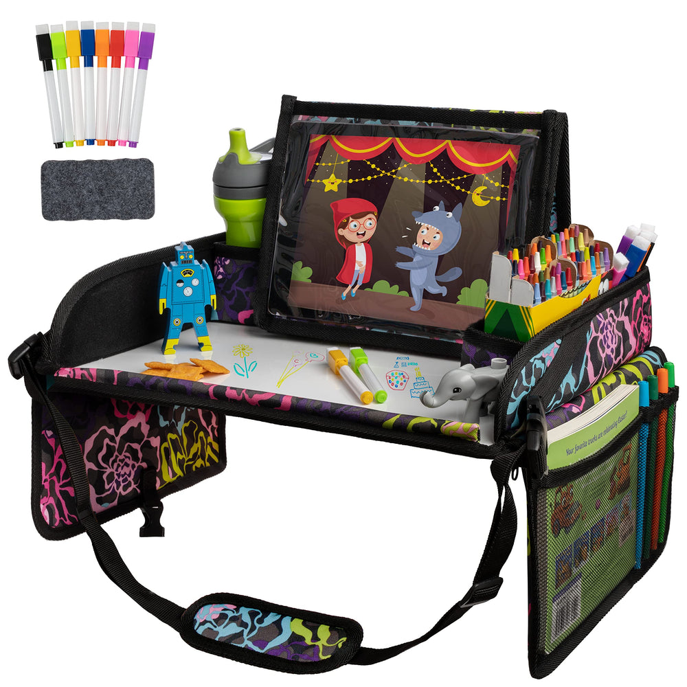 Lusso Gear Kids Travel Tray floral front-view showing tablet holder for steady device use on trips