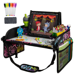 Lusso Gear Kids Travel Tray floral front-view showing tablet holder for steady device use on trips