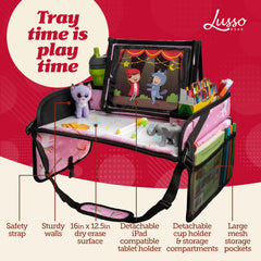 Lusso Gear Travel Tray shows secure tablet holder for safe device access on the go.