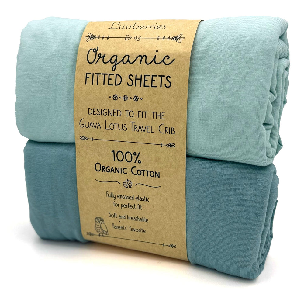 Luvberries Guava Lotus travel crib sheets with secure fit for safe, cozy naps
