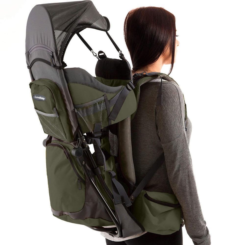 Luvdbaby hiking baby carrier back view shows secure ergonomic support for long trails.