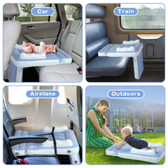 Luxiglo inflatable airplane bed in use creates a flat toddler sleeping surface mid-flight.
