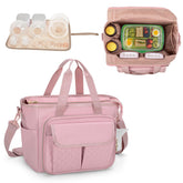 LUXJA large wearable breast pump bag pink exterior with organized compartments for on-the-go pumping.