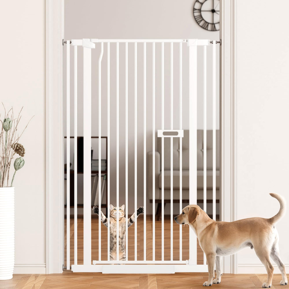 LuxTrsde 55-inch tall dog gate blocks tall jumpers at doorways.