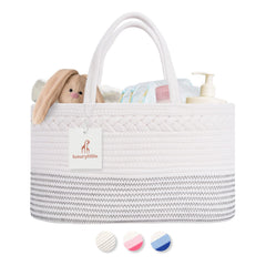 Luxury Little diaper caddy in off-white offers easy-access storage for newborn essentials.