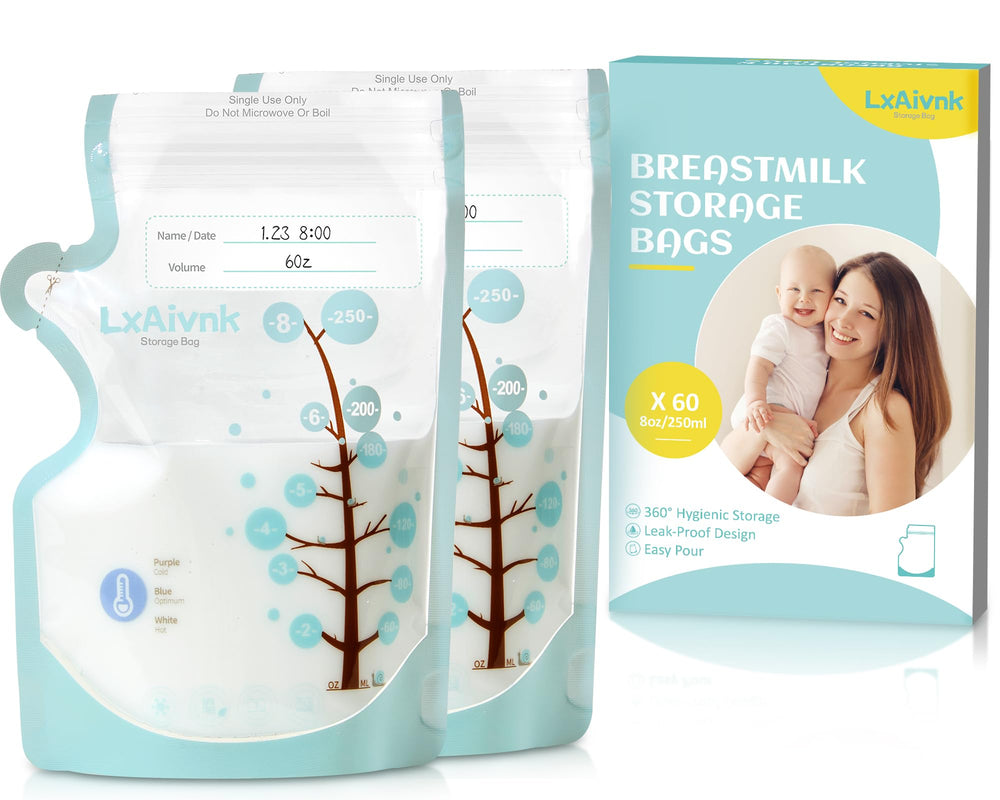 LXAIVNK breastmilk storage bag 8oz with 60-count pack demonstrates safe, BPA-free freezer storage