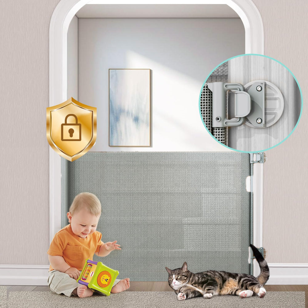LXCGROOMER no-drill retractable gate stands 33in tall for safe stairs and doorways.