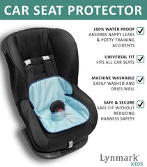 Lynmark blue car seat protector side view highlighting edge-to-edge protection