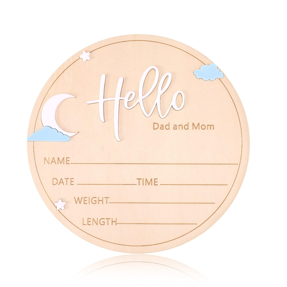 Lyreh wooden baby announcement sign round moon-and-stars motif for chic nursery decor and birth details.