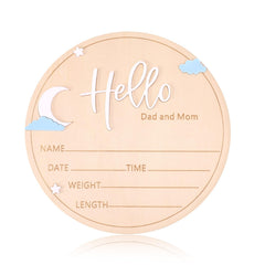 Lyreh wooden baby announcement sign round moon-and-stars motif for chic nursery decor and birth details.