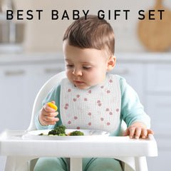LYRICHOM BABY pink front-flap bib protects clothes during teething meals