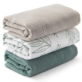 LYRICHOM BABY muslin swaddle blanket 3-pack pack shot showing breathable soft essentials.