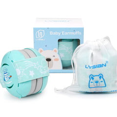 LYSIAN Aqua baby earmuffs headband closeup shows soft padding and adjustable fit for comfort
