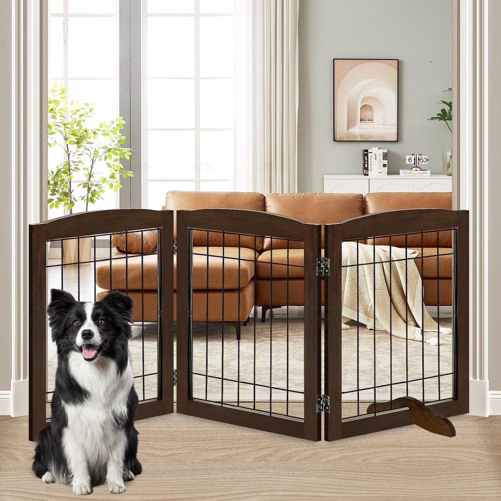 LZRS 3-panel freestanding dog gate in wood fits doorways and hallways.