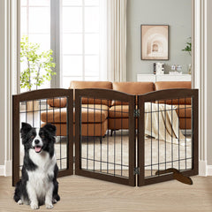LZRS 3-panel freestanding dog gate in wood fits doorways and hallways.