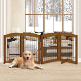 LZRS 4-panel dog gate assembly shows sturdy cherry wood and steel wires for durability.