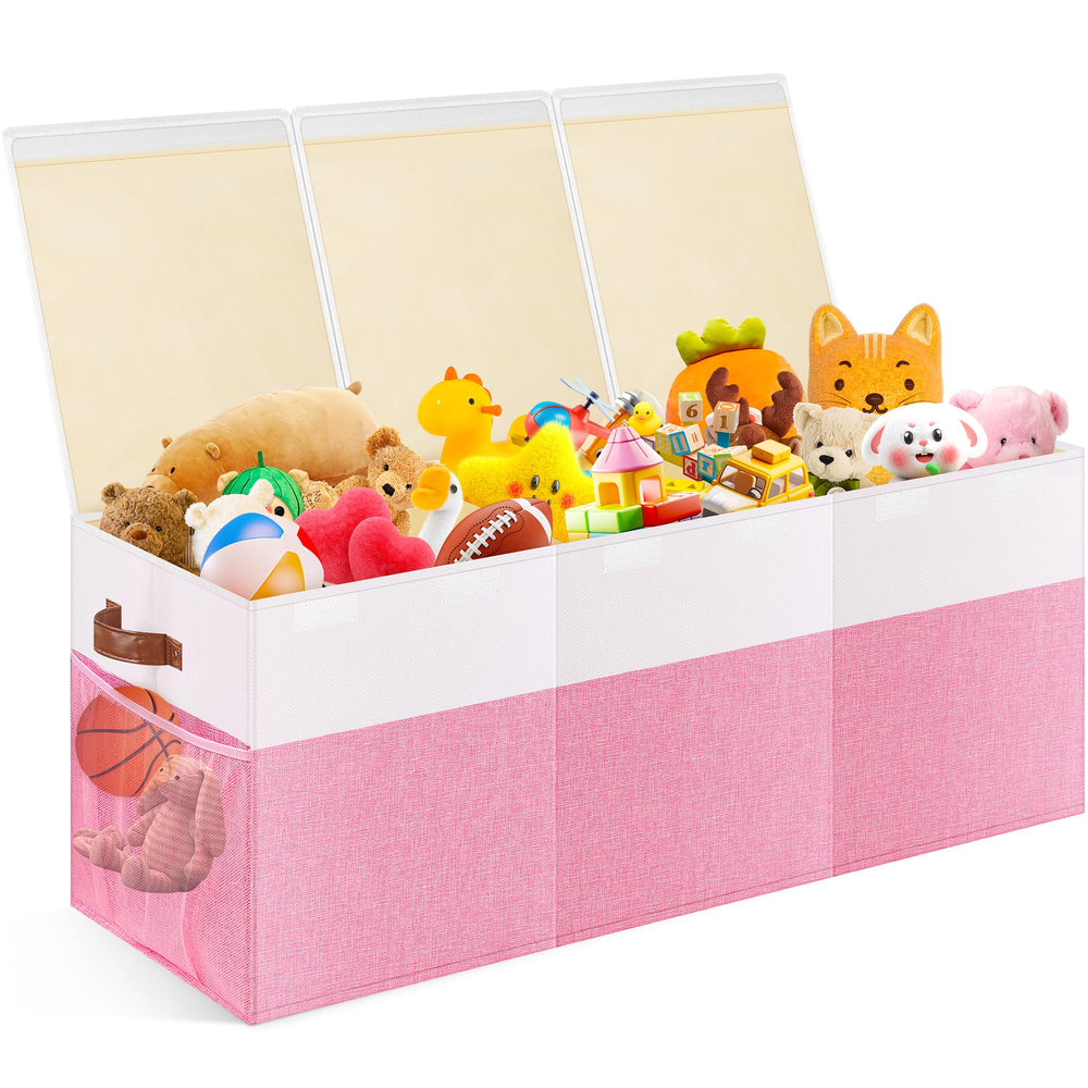 Mabahoo extra-large toy storage box with lid keeps plush toys organized and dust-free.
