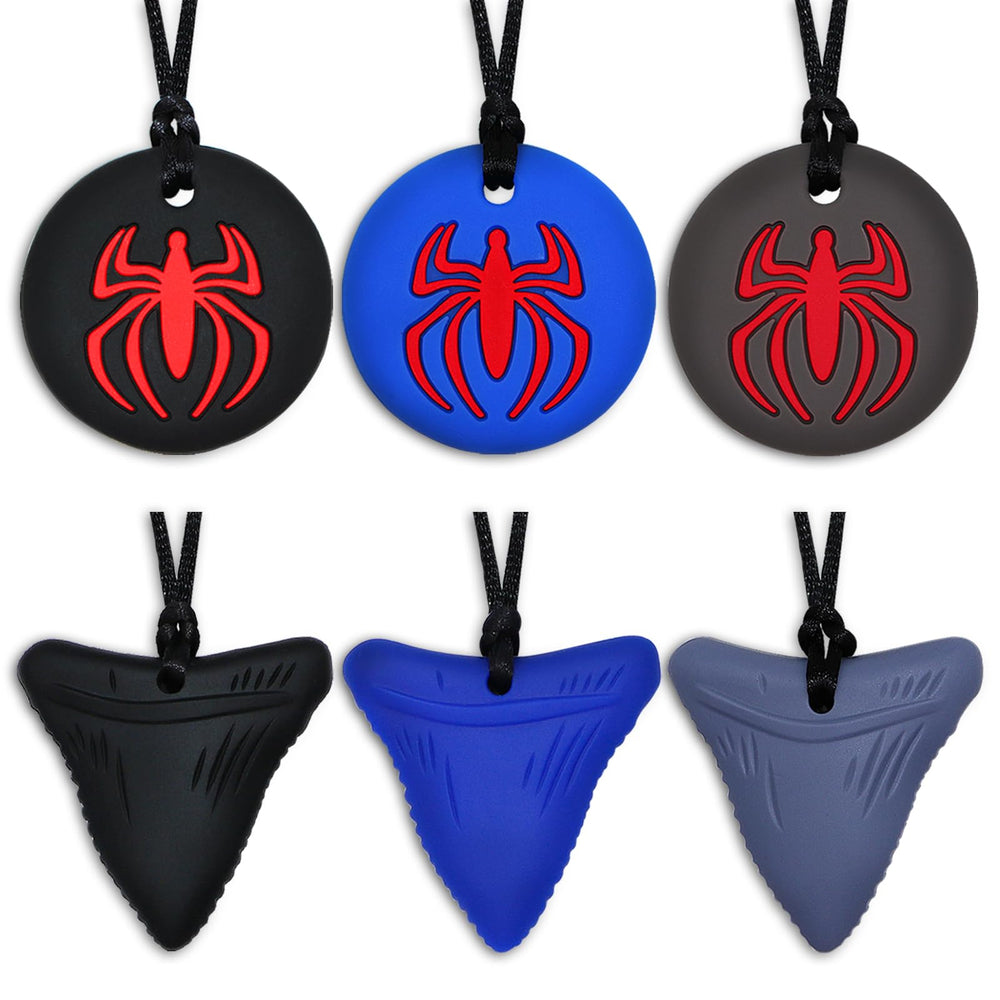 MaberryTech Direct chew necklace shark tooth pack helps calm focus during playtime.