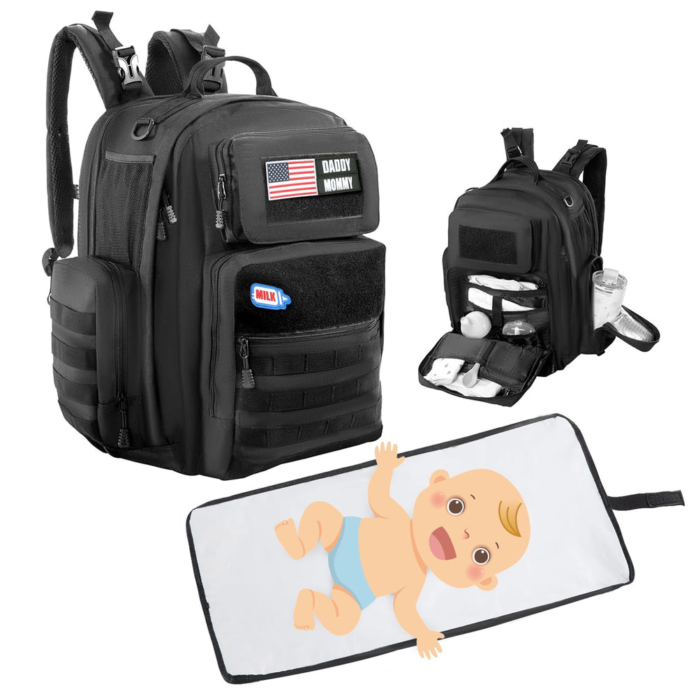 MABOZOO diaper bag backpack front view with MOLLE for organized on-the-go gear.