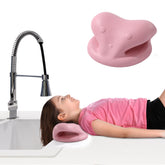 MABOZOO hair-washing-station-kids-pink-front-view shows ergonomic neck pillow for gentle wash time