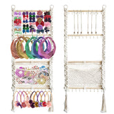 Macrame Headband Holder Cream wall display for neat baby accessory organization.