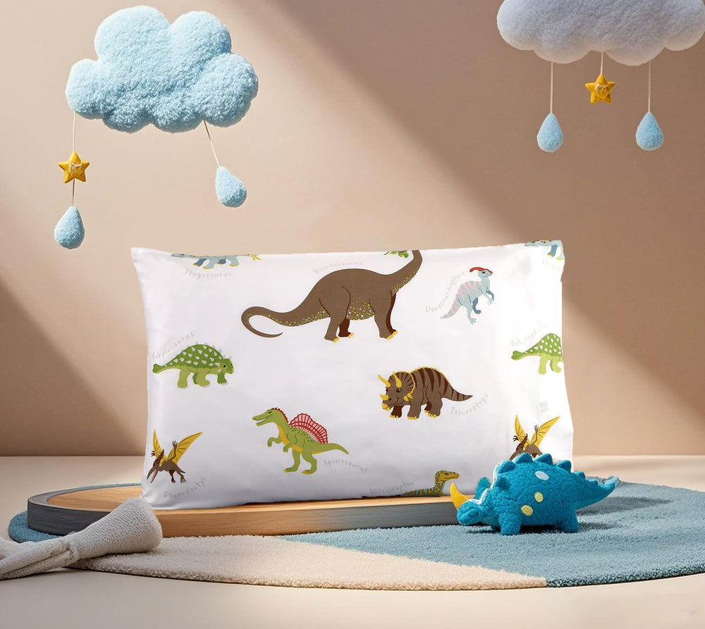 MAG dinosaur pillowcase 13x18 white with colorful dinos for kid-friendly comfort.