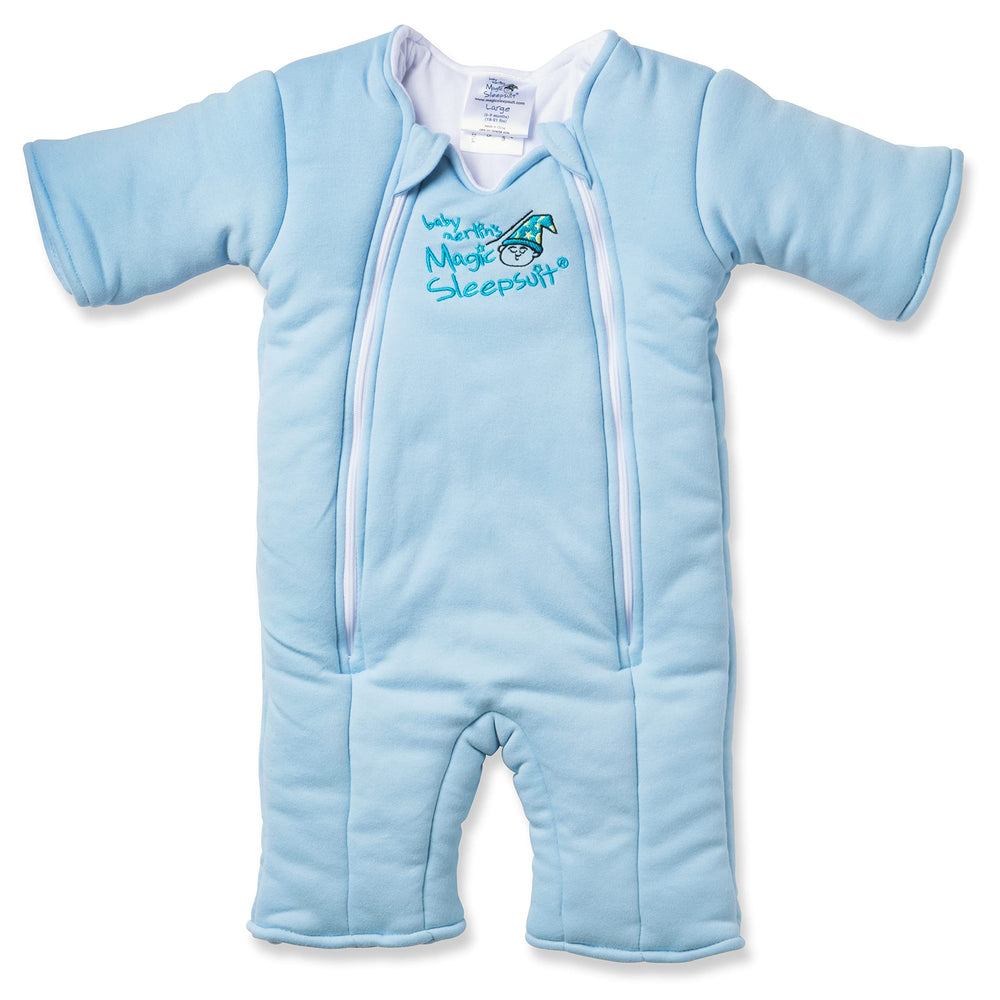 Magic Sleepsuit blue back-sleep view shows secure transition for calmer naps.