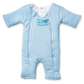 Magic Sleepsuit Merlin's bamboo-cotton swaddle blue front view highlights breathable comfort for transition.