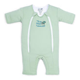 Magic Sleepsuit Merlin's Cotton Swaddle Transition sage green front view demonstrates cozy containment for a calmer transition.
