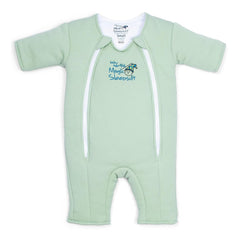Magic Sleepsuit Merlin's Cotton Swaddle Transition sage green front view demonstrates cozy containment for a calmer transition.
