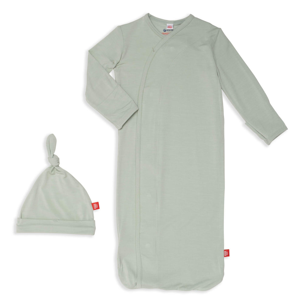 Magnetic Me modal newborn sleeper gown and hat in seafoam, breathable sleepwear for easy diaper changes.