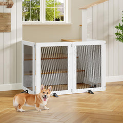 MAHANCRIS wooden dog gate with a sturdy metal frame for durability.