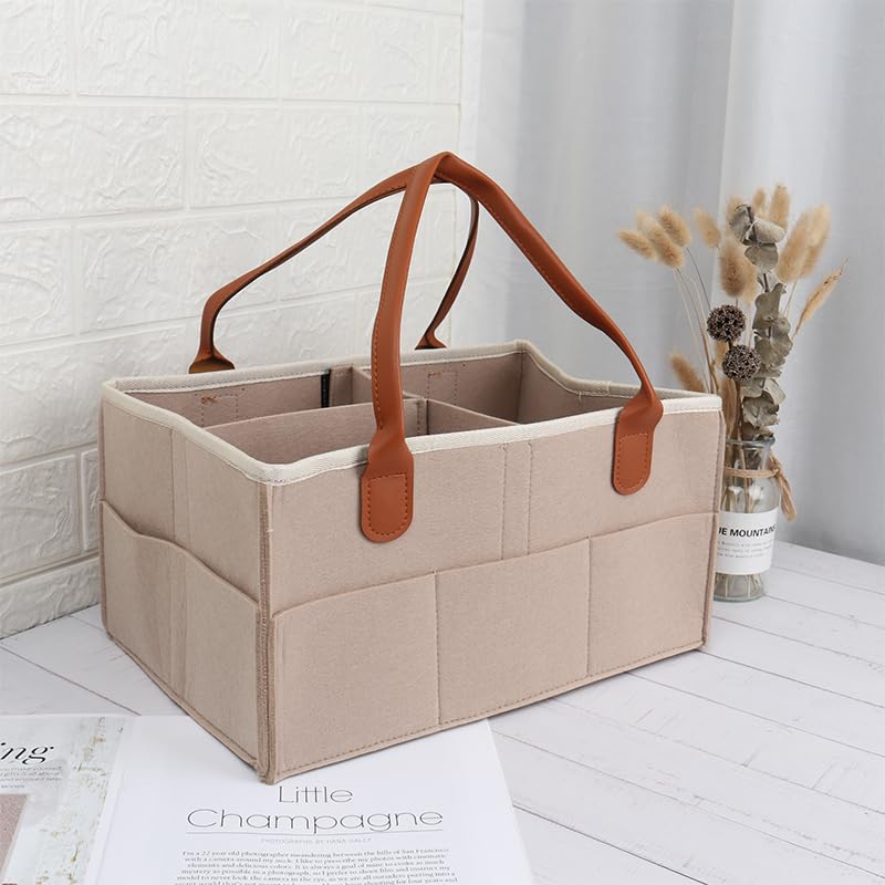 MaHonestFelt diaper caddy on changing table with easy-access pockets for diapers and wipes.