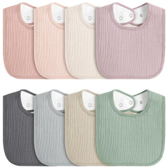 MairMore 8-pack baby muslin bibs in colors shield outfits during feeding and drool moments.