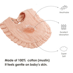MairMore muslin bibs closeup fabric texture highlights soft breathable cotton.
