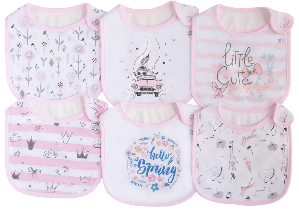 Maiwa 6-pack girls bibs show soft cotton front with waterproof layer for drool and feeding messes.