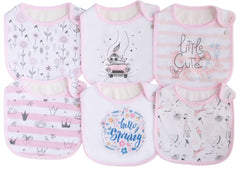 Maiwa 6-pack girls bibs show soft cotton front with waterproof layer for drool and feeding messes.