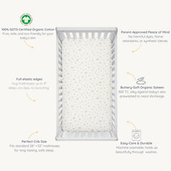 Makemake Organics Bloom crib sheet packaging in reusable bag makes gifting easy.