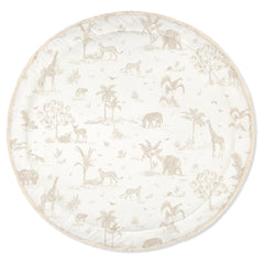 MakeMake Organics safari round play mat front view showing plush organic cotton for gentle tummy time