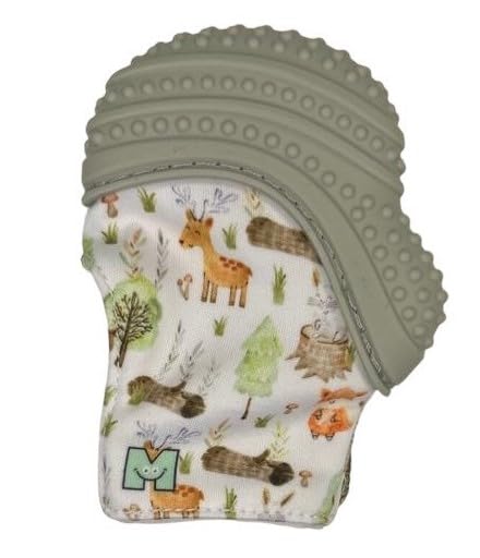 Malarkey Kids Munch Mitt Grey Woodland front view showing soft silicone for soothing gums